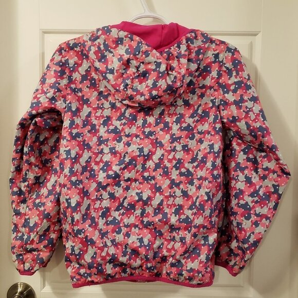 Columbia Girl's Pink Blue Grey Camo Print White Polka Dot Hooded Fleece Jacket L - Picture 8 of 12